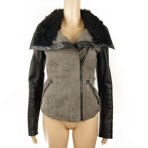 Vintage 2000s Danier Slate Grey Suede Black Fur Trim Collar Leather Jacket